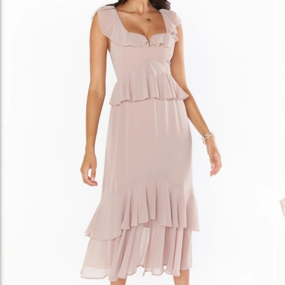 NWOT $198 Show Me Your Mumu Reese Ruffle Dress in Soft Beige Chiffon